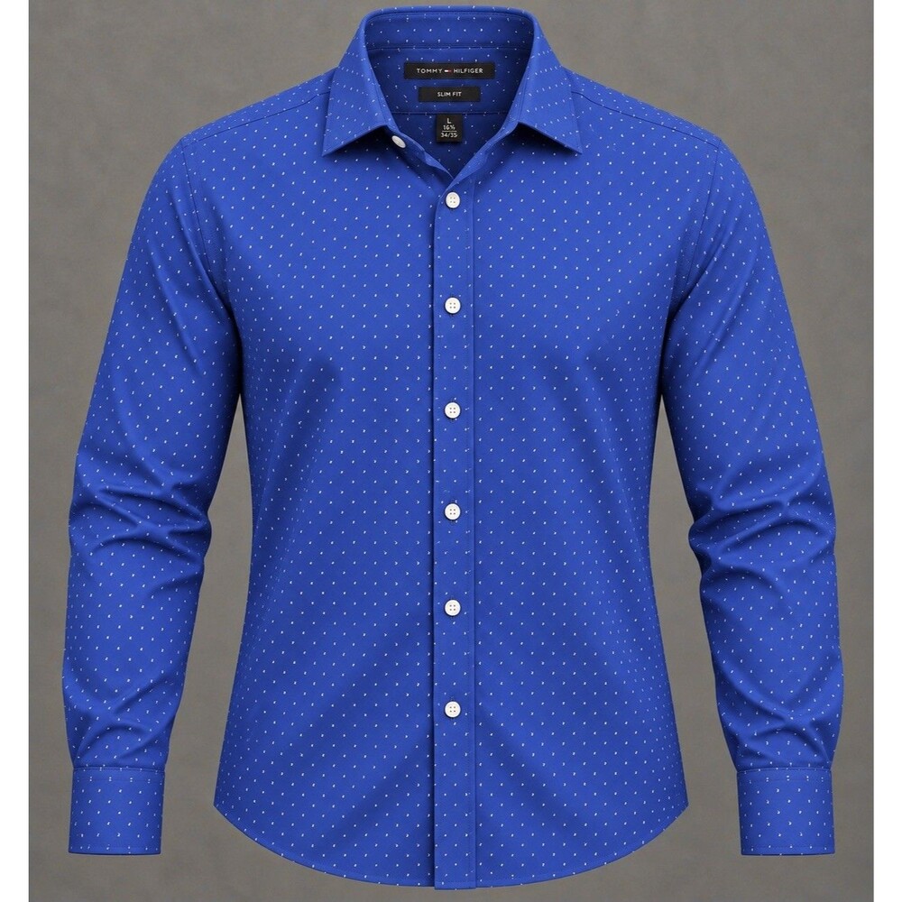 Tommy Hilfiger Men’s L 16 1/2 34/35 Slim Fit Blue Geometric Long Sleeve Shirt